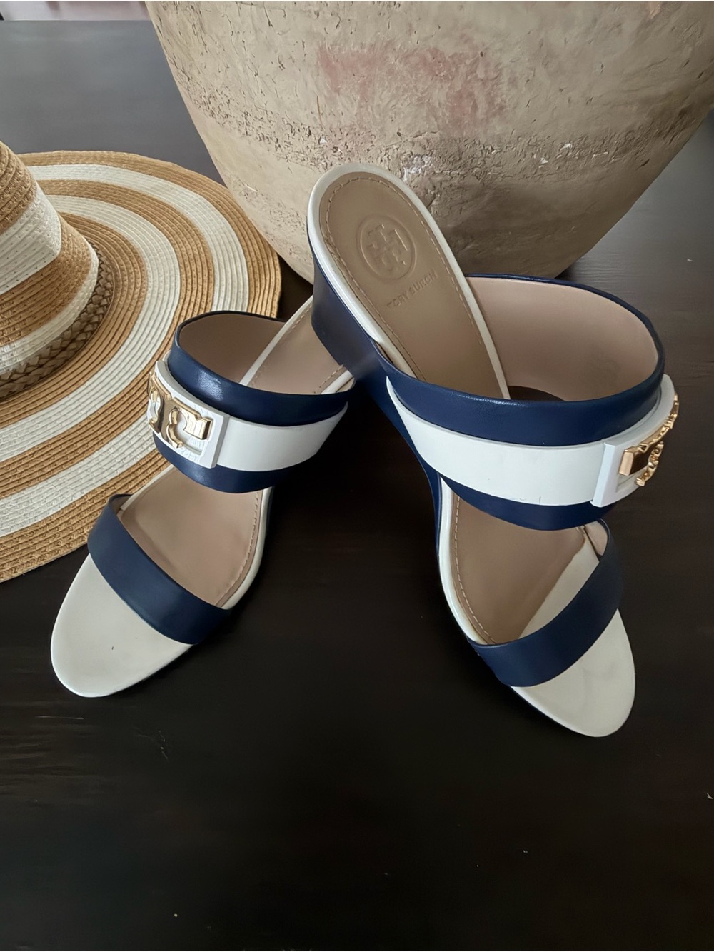 Tory Burch Navy and White Slide Sandals with Gold Buckle - Picture 1 of 9